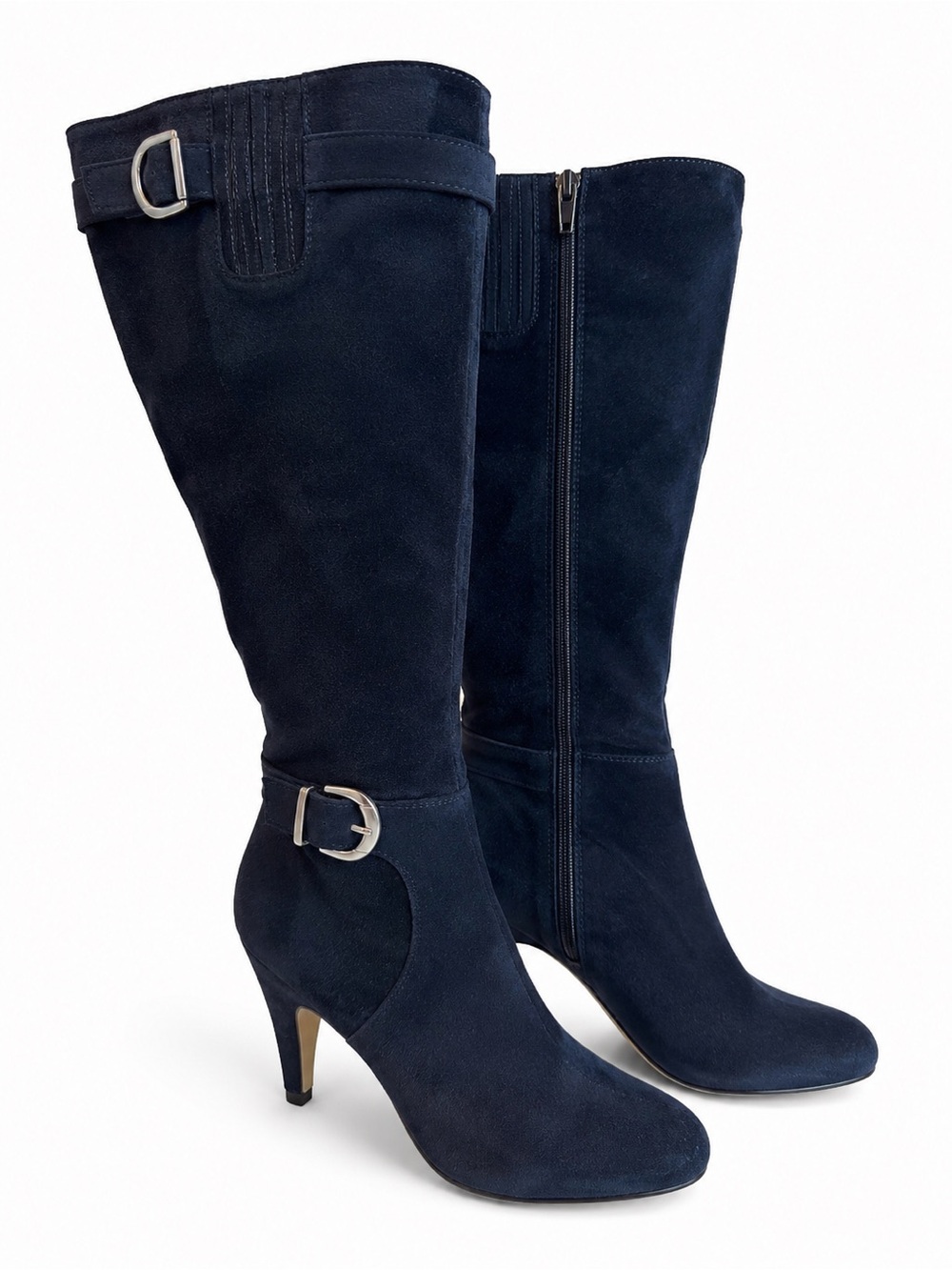 Bella Vita Women’s Navy Suede Knee High Boots Buckle Heels Size 11W